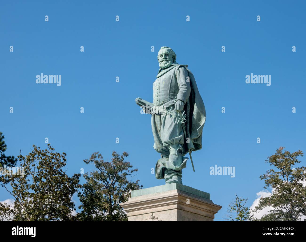1909 statue commémorant le Capitaine John Smith dans la colonie de Jamestown en Virginie Banque D'Images