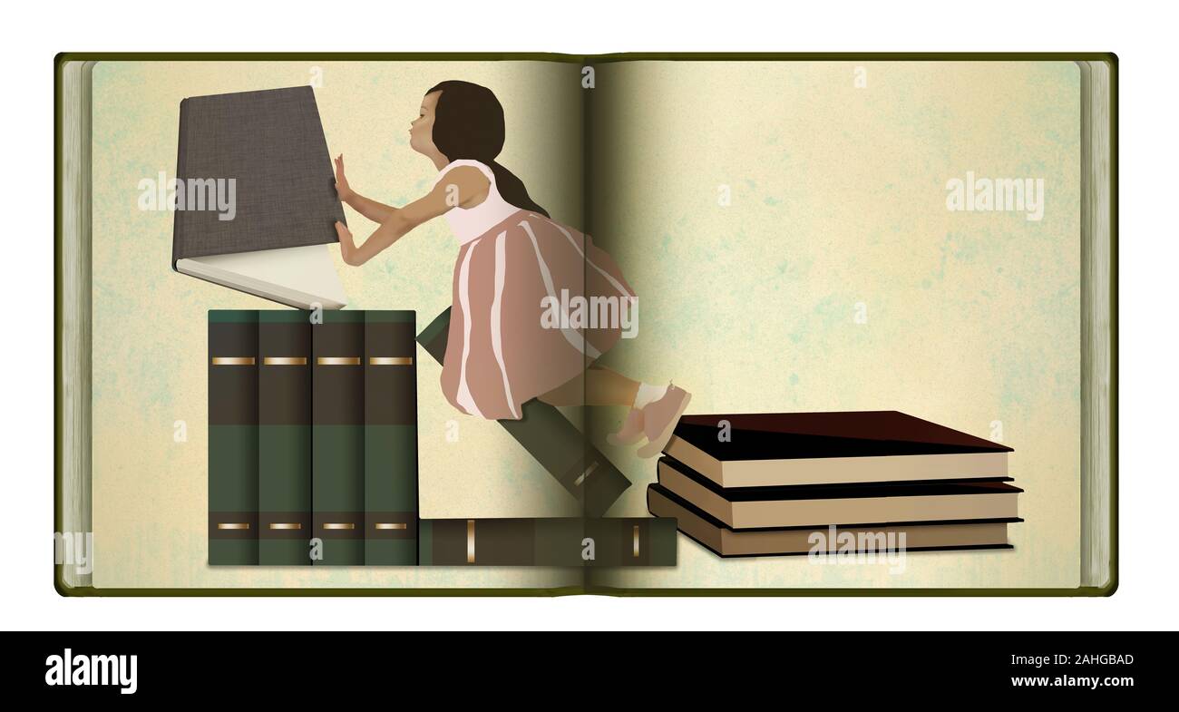 Une jeune fille est vue grimper sur une pile de livres dans une illustration de l'apprentissage précoce des élèves et de l'exploration de l'information Banque D'Images