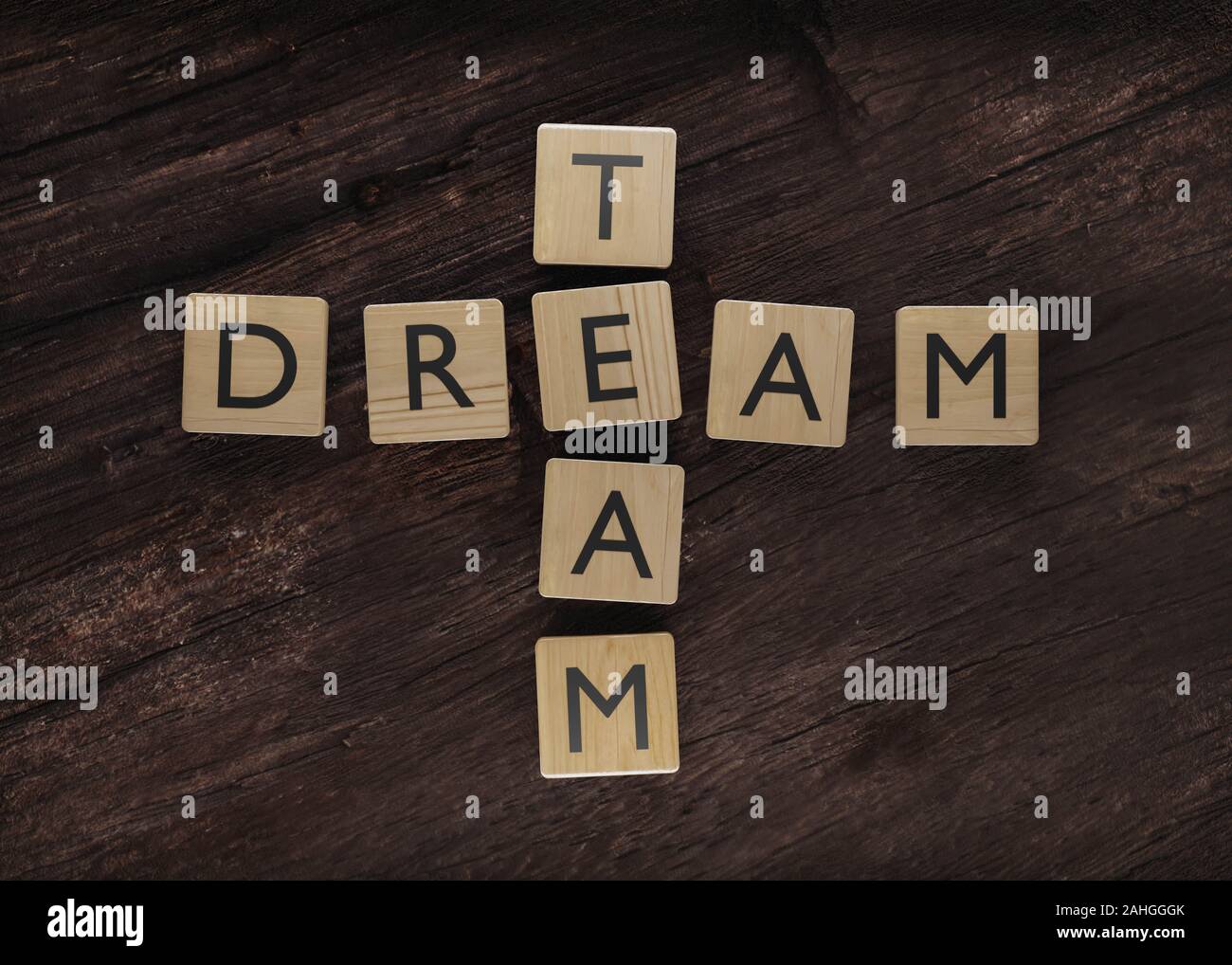 Dream team concept art faite de cubes en bois avec des lettres de rendu 3d illustration Banque D'Images