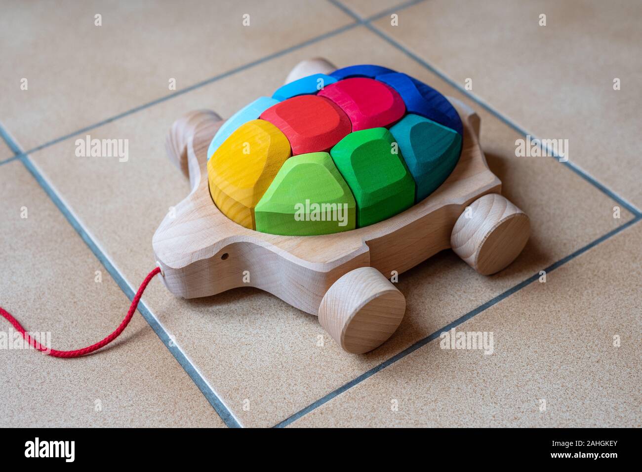 Beau tirer le long de jouet en bois en forme de tortue avec dix blocs arc-en-ciel qui composent la carapace de la tortue. Banque D'Images