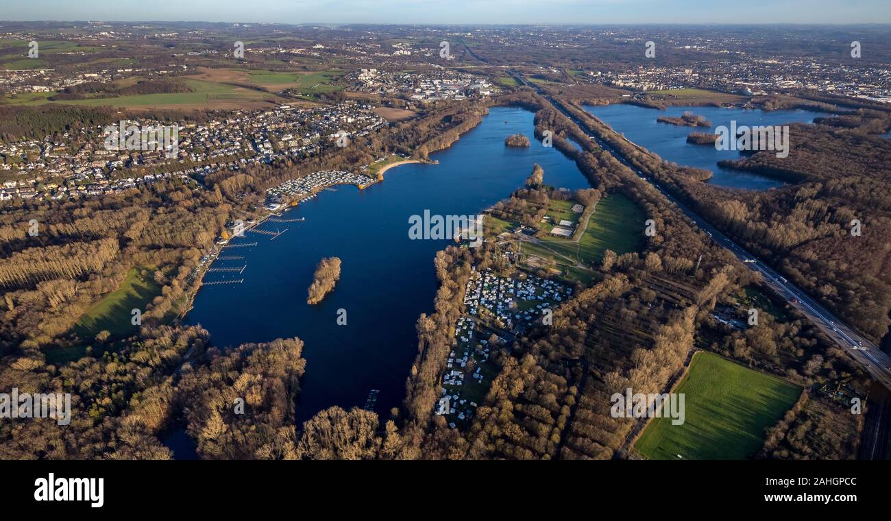 Vue aérienne, vue d'Unterbach, lac Unterbacher, Lac de l'Elbe, de l'autoroute A46, Düsseldorf, Rhénanie-du-Nord - Westphalie, Allemagne,, Camping, Camping Banque D'Images