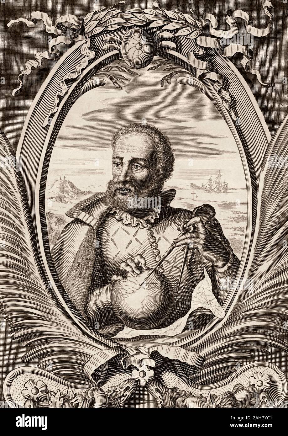 Ferdinand Magellanus (Ferdinand Magellan) 1671 Portrait, restauré la reproduction. Magellan a entrepris un voyage de circumnavigation mondiale au nom de l'Espagne, il est né au Portugal. . Banque D'Images