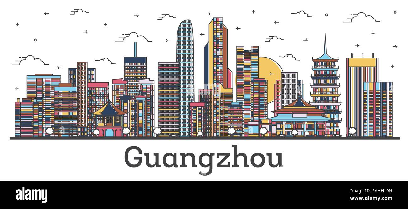 Contours Guangzhou Chine Ville avec des bâtiments couleur isolé sur blanc. Vector Illustration. La ville de Guangzhou avec repères. Illustration de Vecteur
