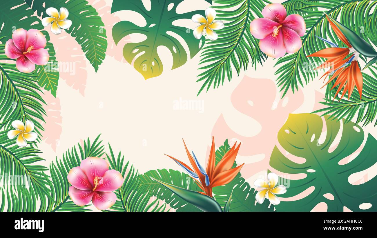 Bannière floral tropical avec feuilles et fleurs exotiques. Illustration de Vecteur