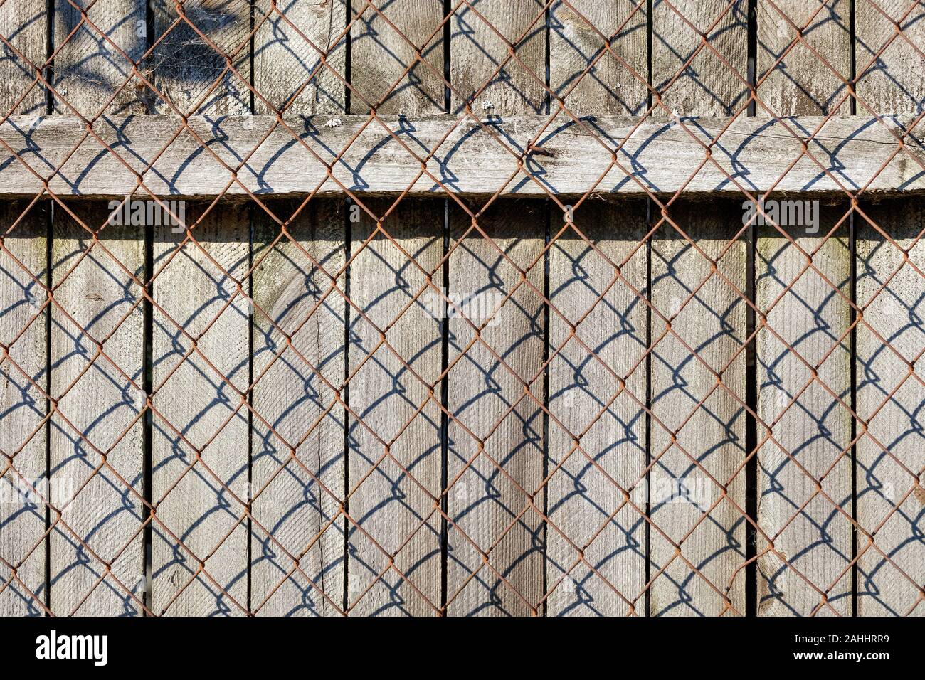 Une vieille clôture en bois patiné gris avec une barre horizontale clouée  par clous rouillés se tient derrière un grillage de métal rouillé Photo  Stock - Alamy