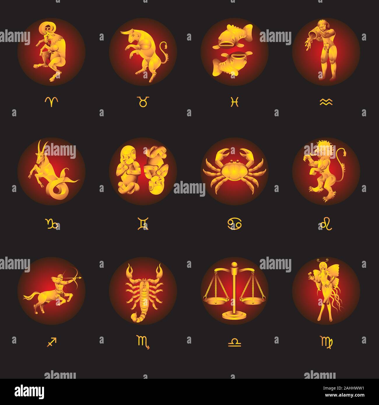 Série de 12 signes du zodiaque sur un fond noir. Image vectorielle Illustration de Vecteur