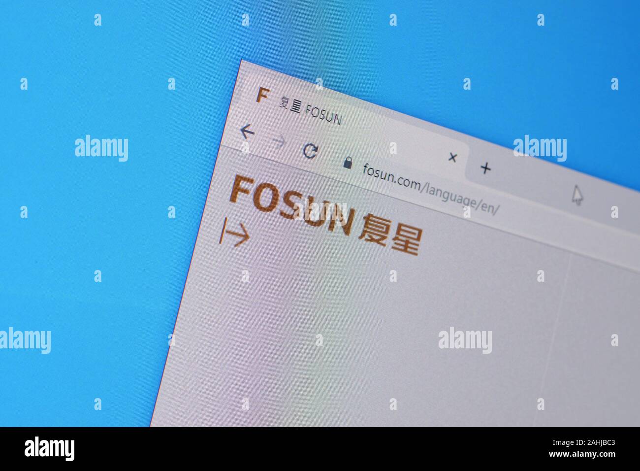 NY, USA - Le 16 décembre 2019 : Page d'accueil de fosun site sur l'écran de PC, url - fosun.com. Banque D'Images