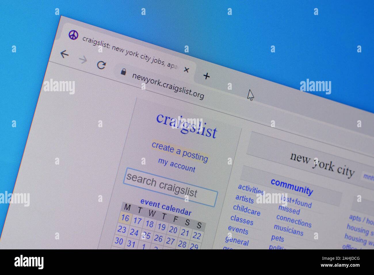 NY, USA - Le 16 décembre 2019 : Page d'accueil du site web craigslist sur l'écran de PC, url - craigslist.org. Banque D'Images