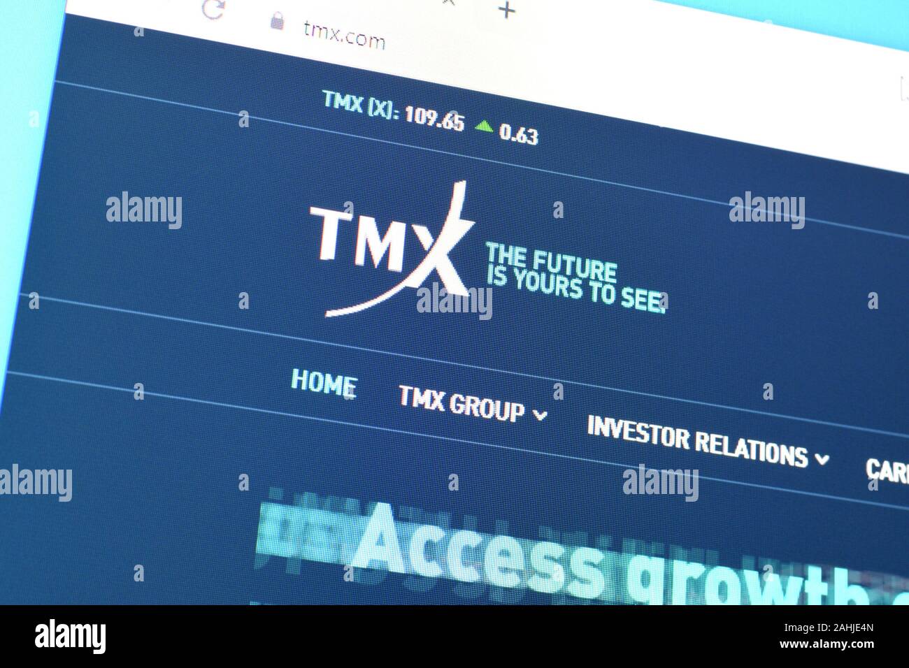NY, USA - Le 16 décembre 2019 : Page d'accueil du site web de tmx sur l'écran de PC, url - tmx.com. Banque D'Images