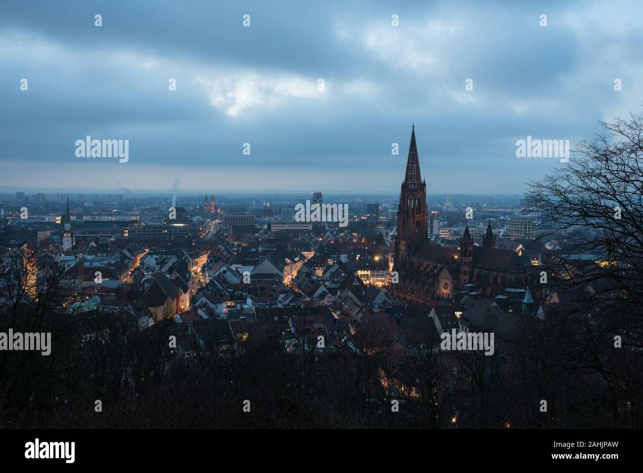 Nuit paysage urbain de Freiburg im Breisgau, ville universitaire dans le sud-ouest de l'Allemagne avec la célèbre cathédrale. Banque D'Images