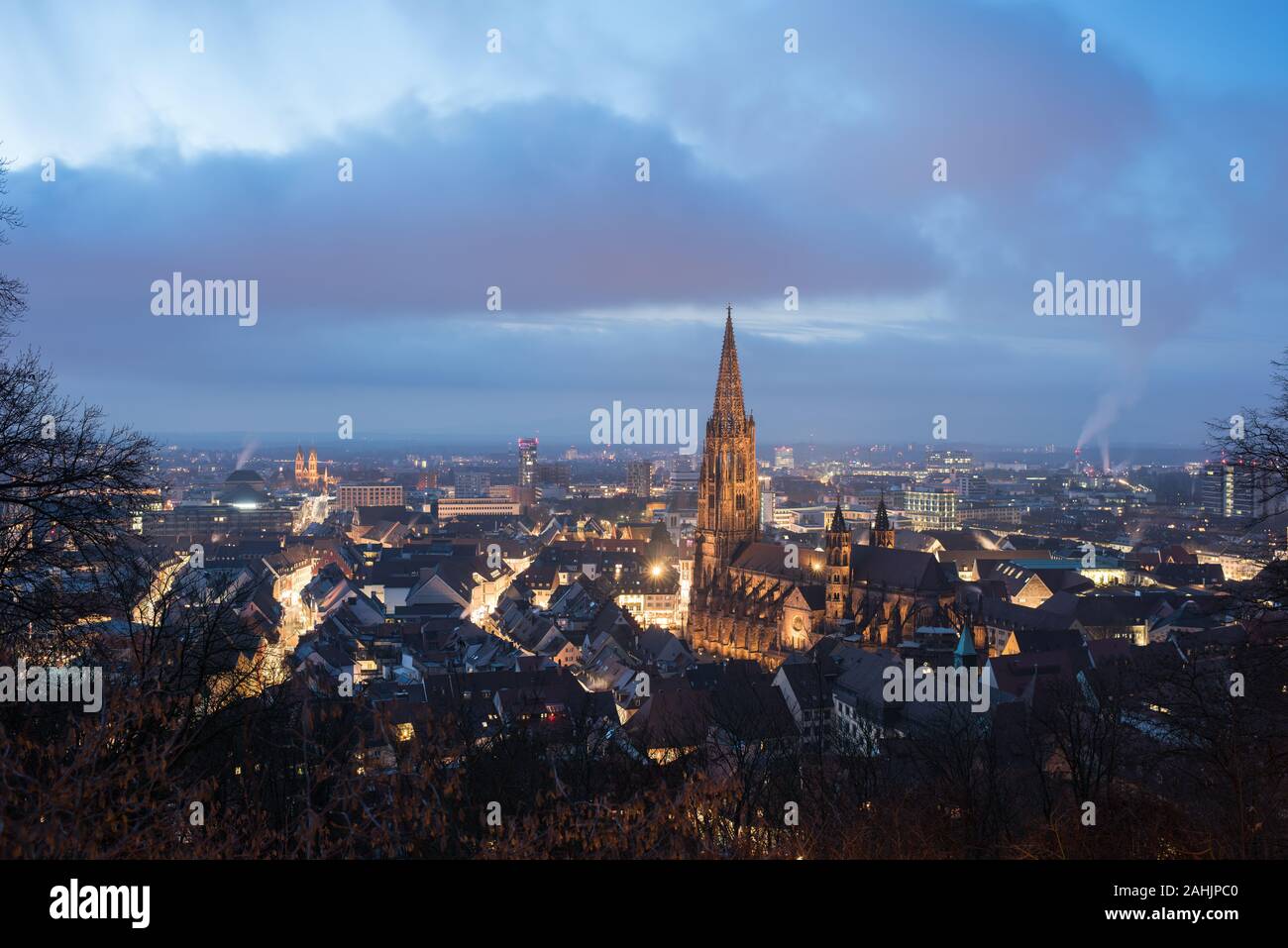 Nuit paysage urbain de Freiburg im Breisgau, ville universitaire dans le sud-ouest de l'Allemagne avec la célèbre cathédrale. Banque D'Images