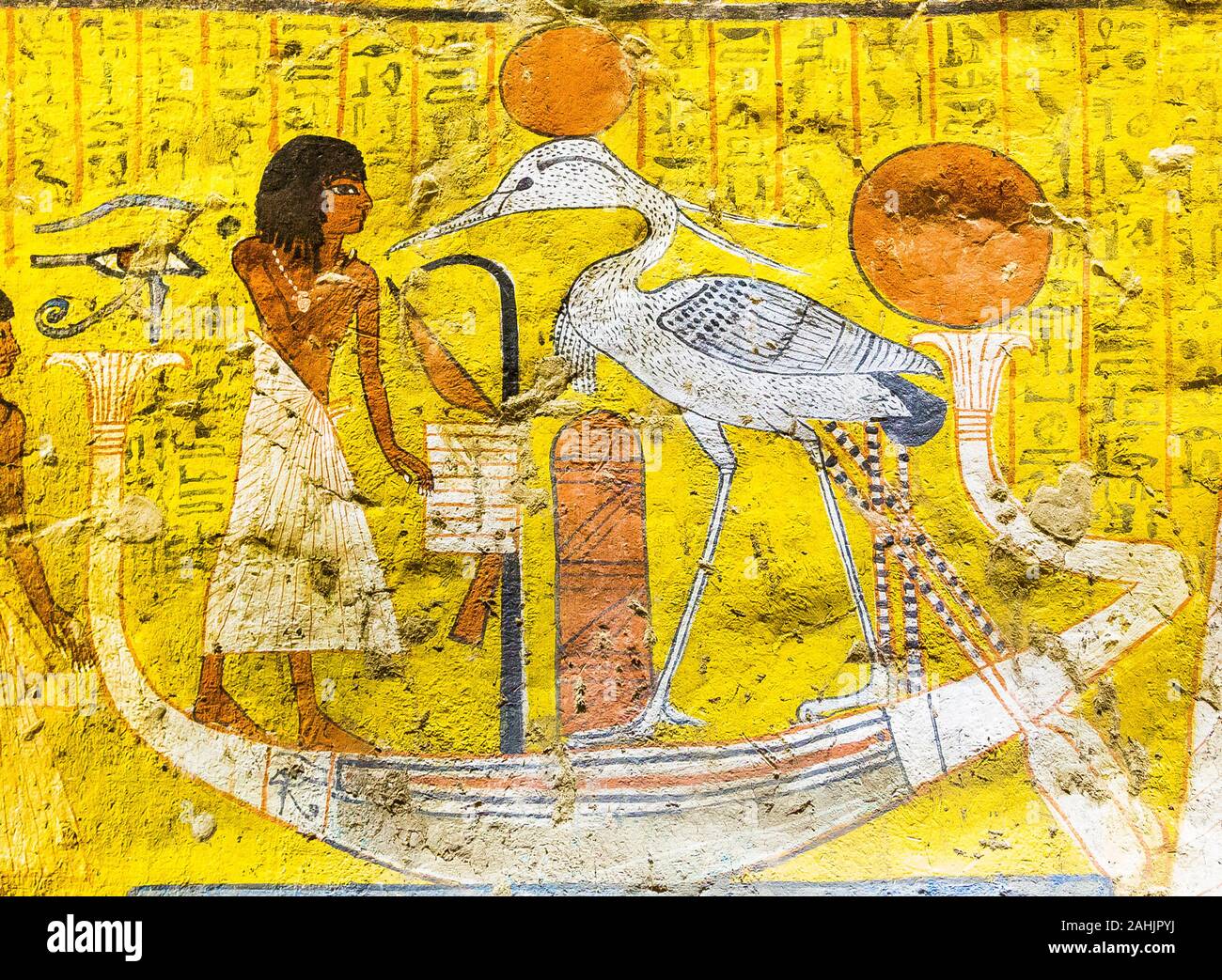 UNESCO World Heritage, Thèbes en Egypte, Deir el-Medineh, tombe de Irynefer. Le Benou, sur une barque solaire avec des ombelles de papyrus. Banque D'Images