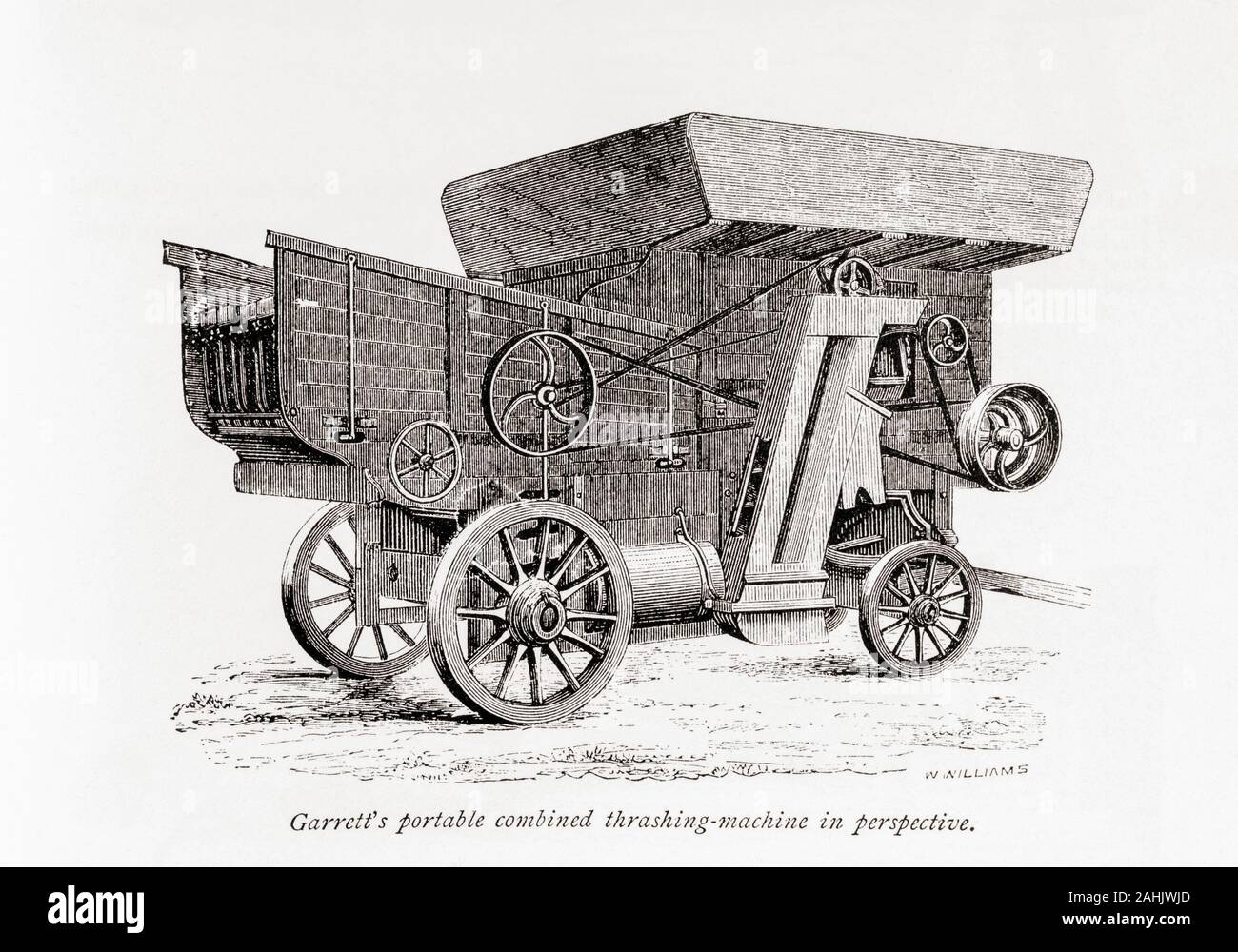 Garrett's combiné portable volée-machine en perspective. Dans le livre de la ferme par fermier écossais et l'agronome Henry Stephens, 1795 - 1874, paru dans les années 1840. Cette illustration d'une édition révisée 1870. Banque D'Images
