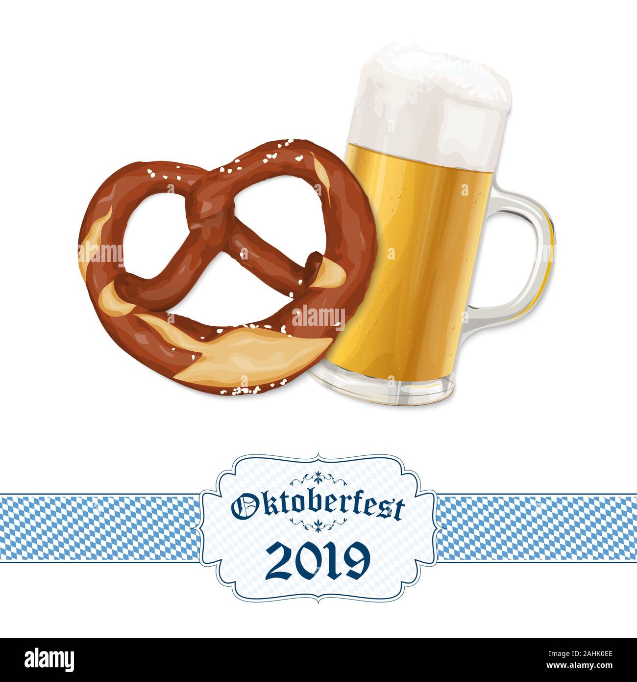 Oktoberfest 2019 Arrière-plan avec un bretzel et un verre de bière Illustration de Vecteur