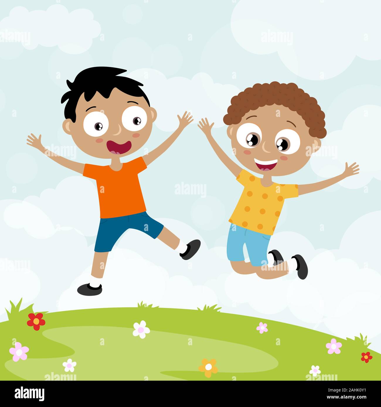 Fichier vectoriel EPS10 montrant heureux les jeunes enfants, les garçons rire, sauter, jouer et s'amuser ensemble en face de l'heure d'été contexte avec green gras Illustration de Vecteur
