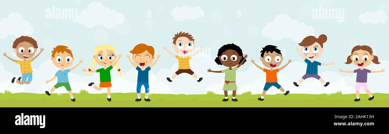 Fichier vectoriel EPS10 heureux montrant de jeunes enfants avec différentes couleurs de peau, les garçons et les filles de rire, sauter, jouer et s'amuser ensemble en face de l'al. Illustration de Vecteur