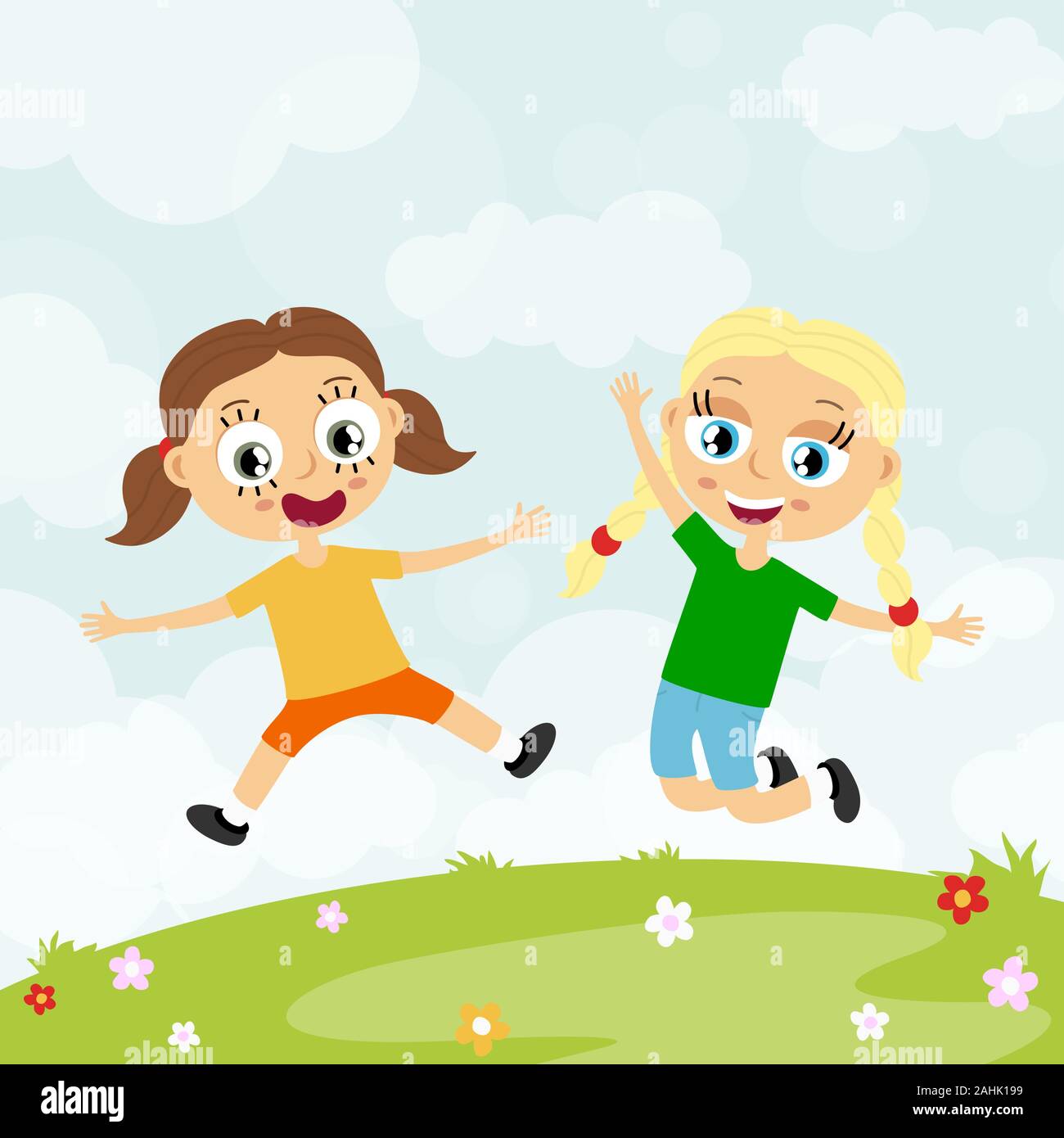 Fichier vectoriel EPS10 montrant young kids, girls laughing, sauter, jouer et s'amuser ensemble en face de l'heure d'été contexte avec green gra Illustration de Vecteur
