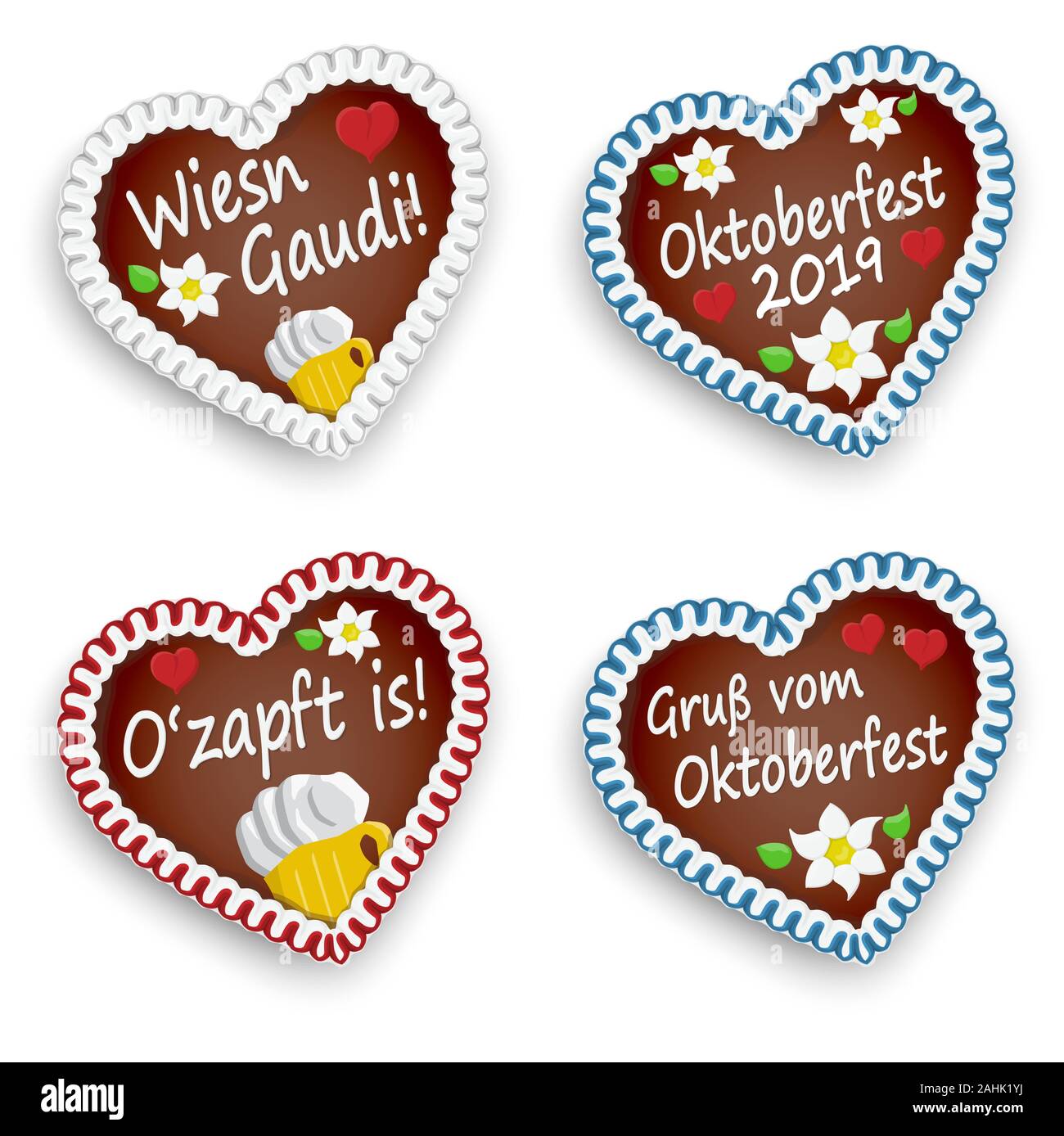 Coeurs d'épice illustrée avec texte en allemand pour l'Oktoberfest 2019 2020 fois Illustration de Vecteur