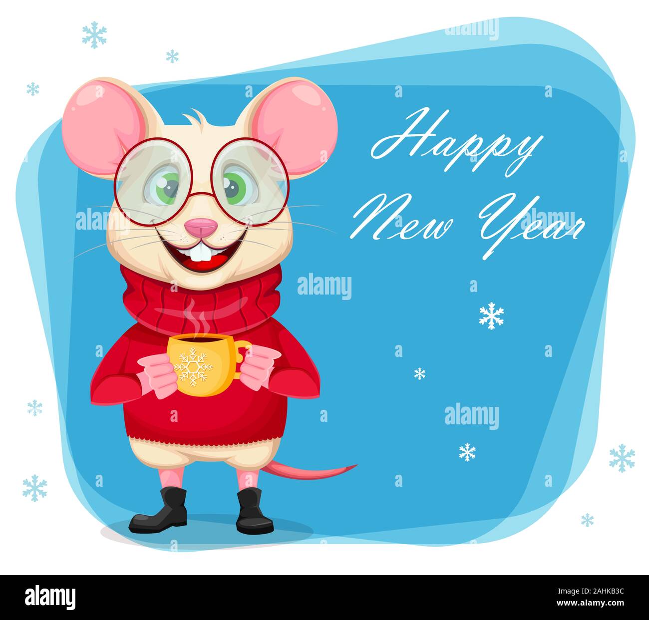 Bonne année carte de souhaits avec drôle rat dans lunettes et pull. Cute cartoon character rat tenant une tasse de café. Vector illustration Illustration de Vecteur