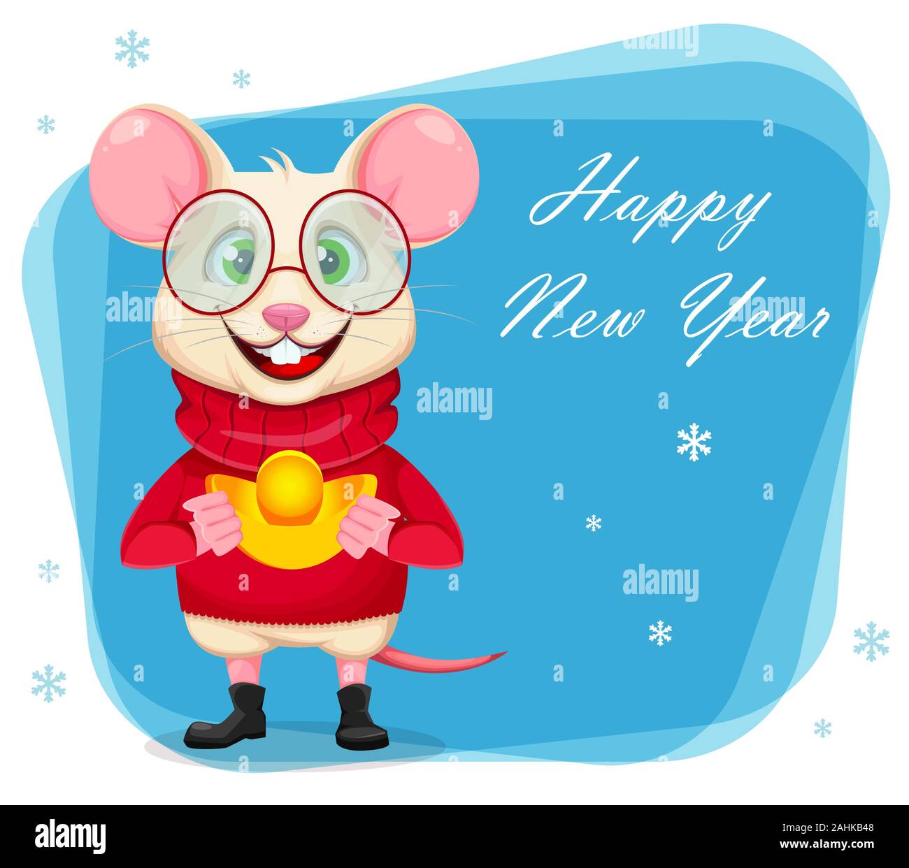 Bonne année carte de souhaits avec drôle rat dans lunettes et pull. Cute cartoon character rat. Vector illustration Illustration de Vecteur