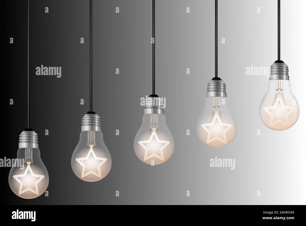 Ampoules avec cinq étoiles éclairé sur fond noir et blanc. les classements ou 0 concept image Banque D'Images