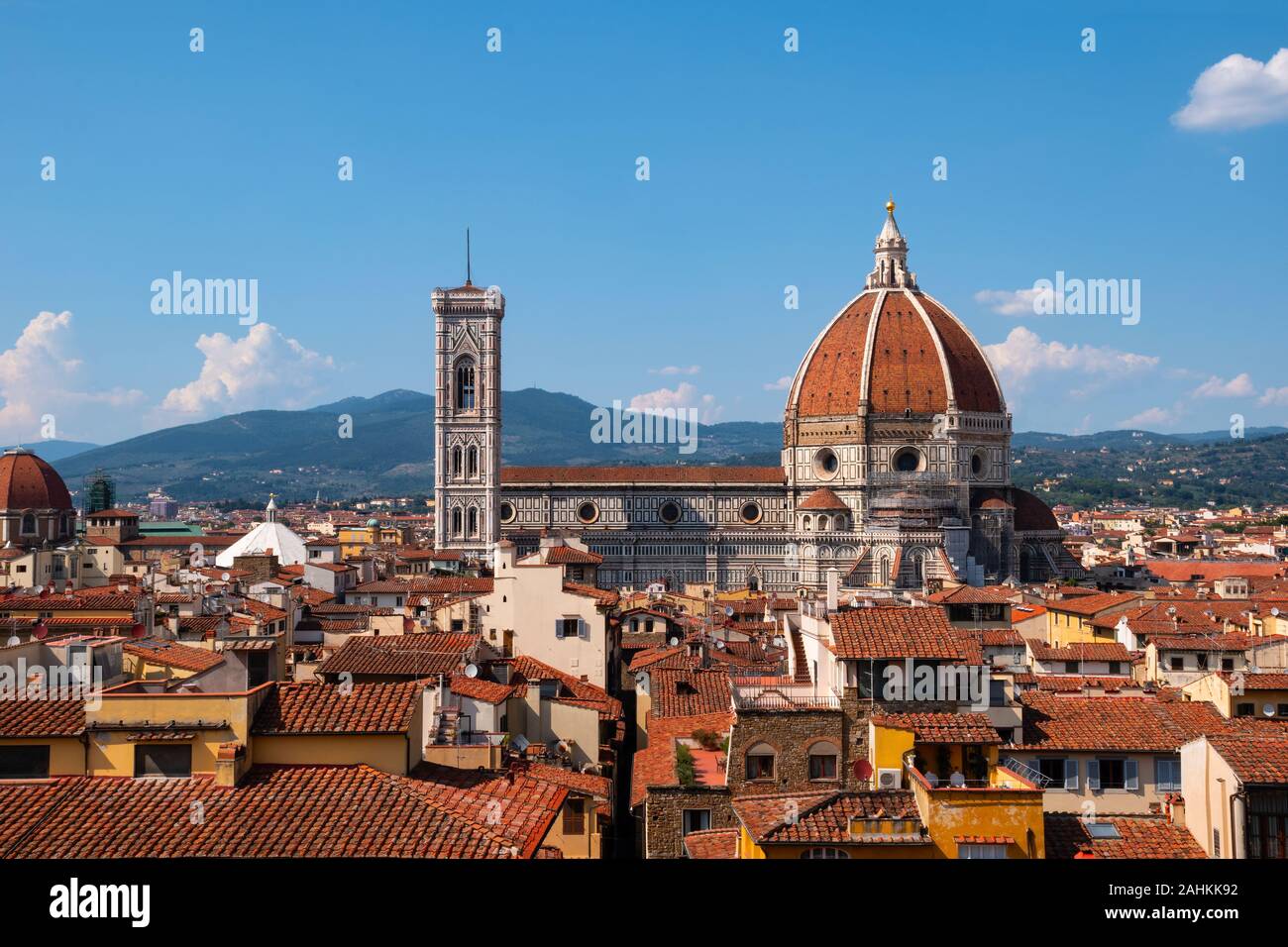 Cathédrale de Santa Maria del Fiore et le clocher de Giotto. Florence, Italie. Vue depuis la tour du Palazzo Vecchio. Banque D'Images