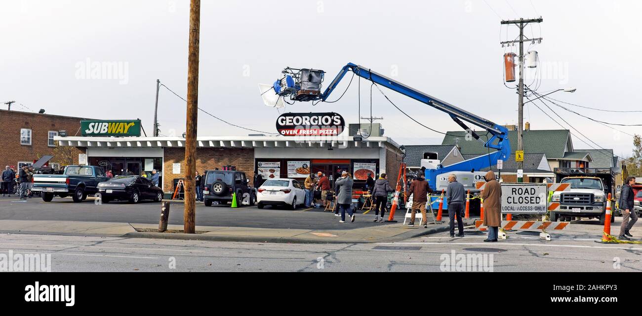 Tournage sur l'emplacement de la société Brothers film 'Cherry' sur la route de Detroit à Cleveland, Ohio, USA. Banque D'Images