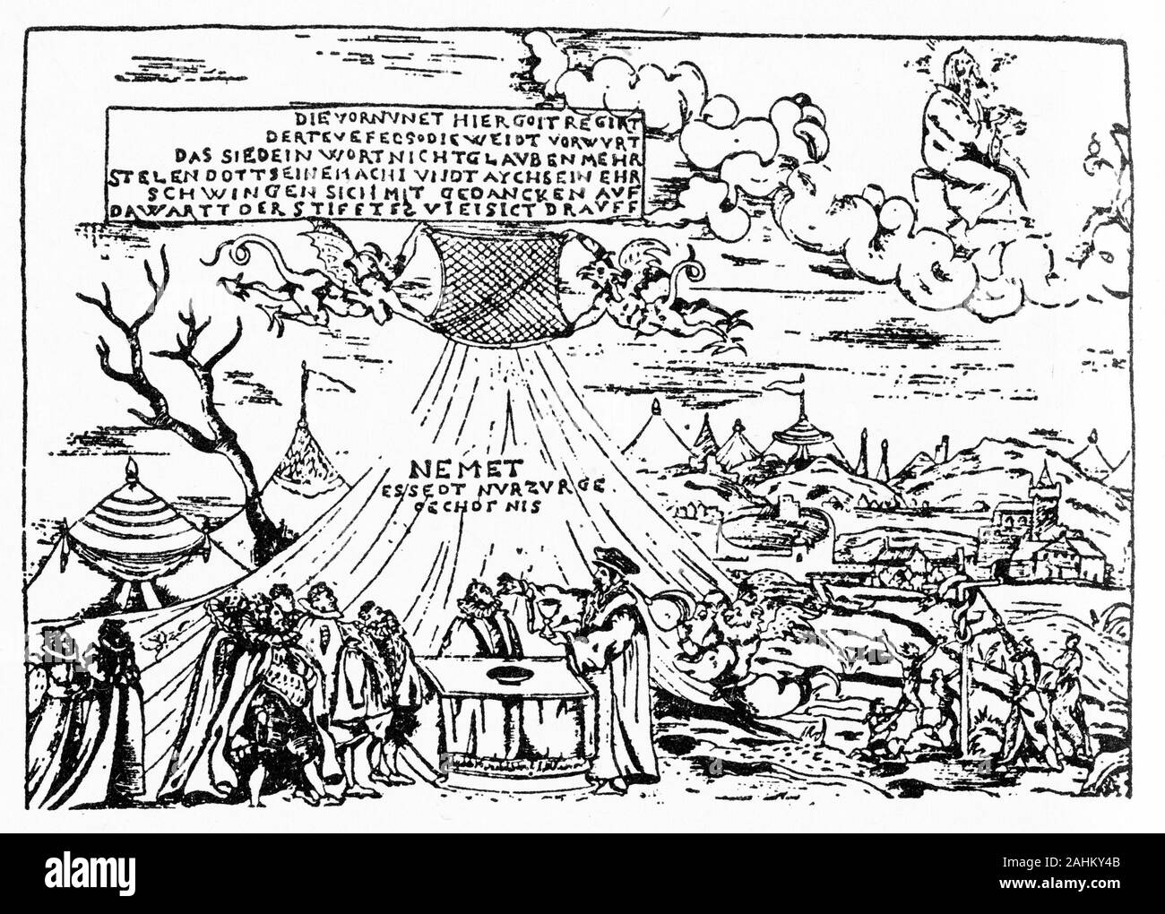 Se moquant du dessin gravé Lutheran communion calviniste, avec une légende disant que le diable pervertit le monde par le rationalisme. Banque D'Images