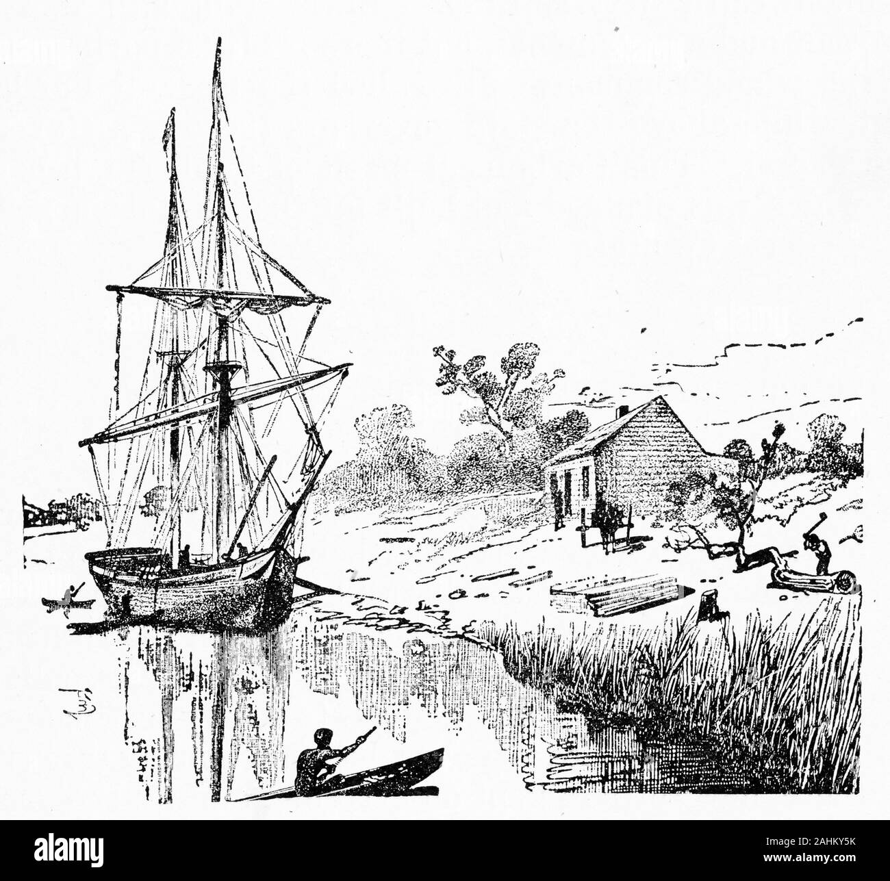 Gravure de l'accueil de la pioneer John Pascoe Fawkner, qui se sont établis sur la rivière Yarra, Melbourne, où s'élève maintenant à Victoria, en Australie. Fawkner (1792 - 1869) a financé une partie de la libre des colons de Van Diemen's Land (maintenant appelé la Tasmanie), de naviguer vers le continent dans son navire, Enterprize en 1835 . Fawkner's party a navigué jusqu'à Port Phillip et le Fleuve Yarra à trouvé un règlement qui devint la ville de Melbourne. Banque D'Images