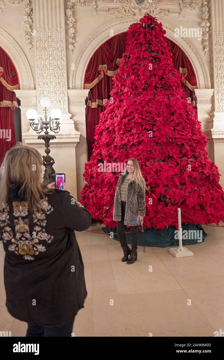 Les touristes prendre des photos de téléphone cellulaire en face d'un énorme arbre de Noël dans le Grand Hall de l'hôtel particulier des disjoncteurs à Newport, Rhode Island. Banque D'Images