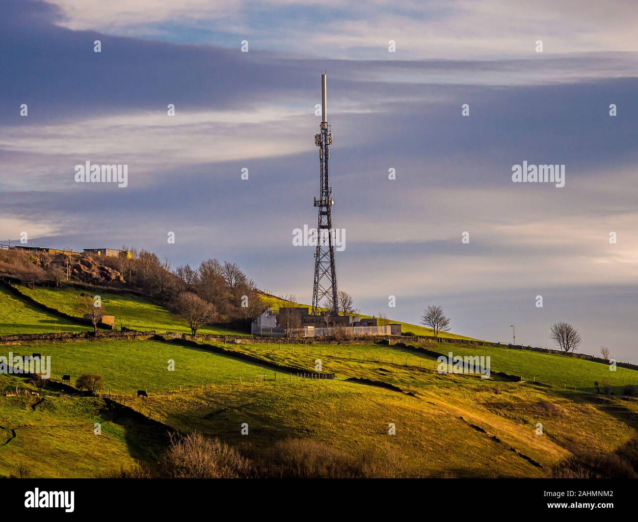 Mât de communication dans l'agriculture paysage, UK. Banque D'Images
