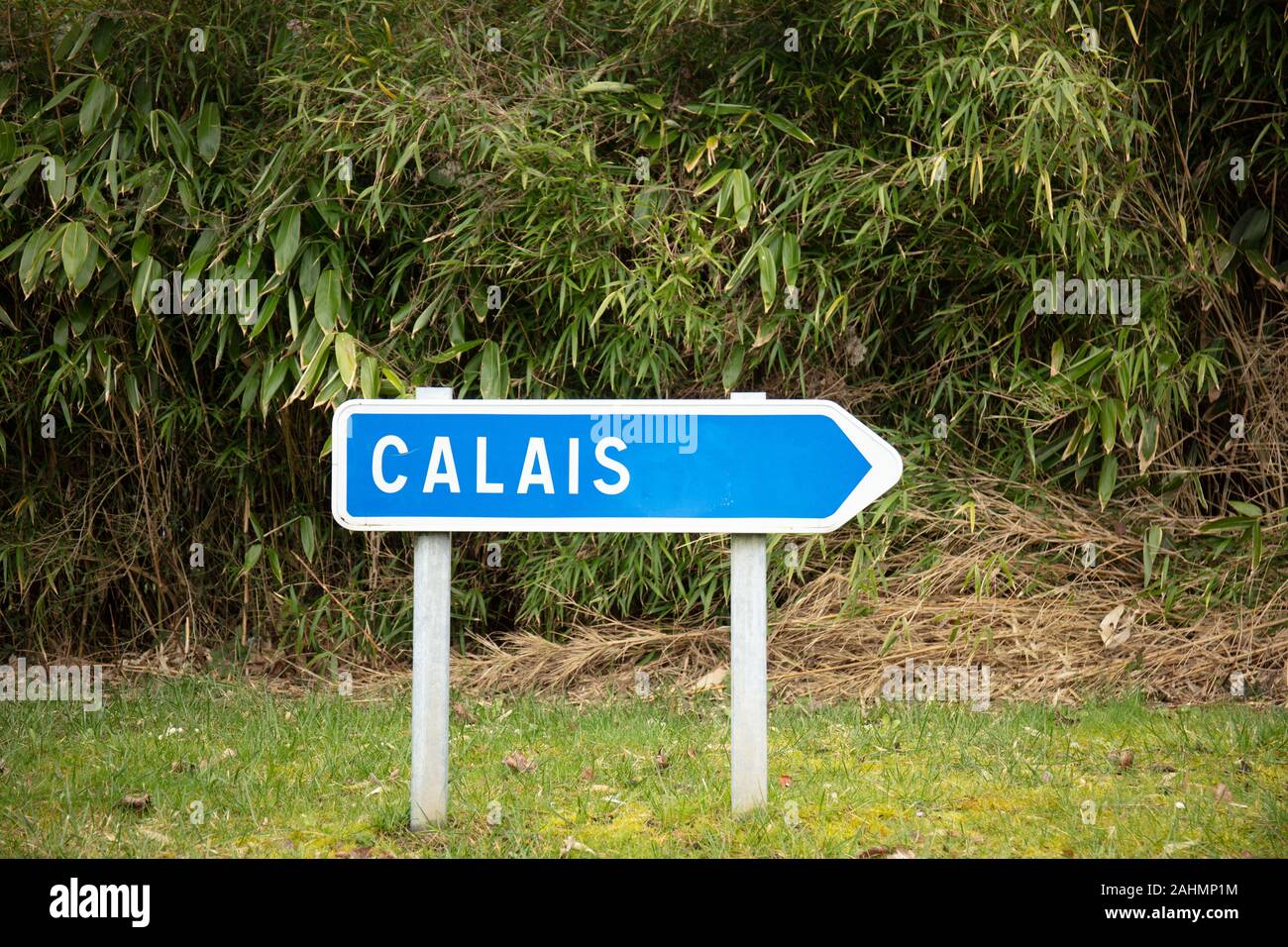 Panneau routier français indiquant la direction de Calais par l'autoroute avec le feuillage derrière Banque D'Images