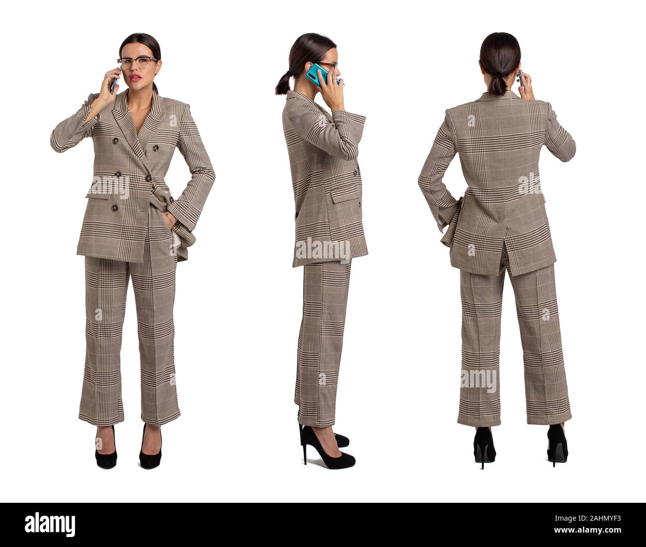 Professional businesswoman in gray chequer répondre à l'appel avant, côté, vue de dos, isolated on white Banque D'Images