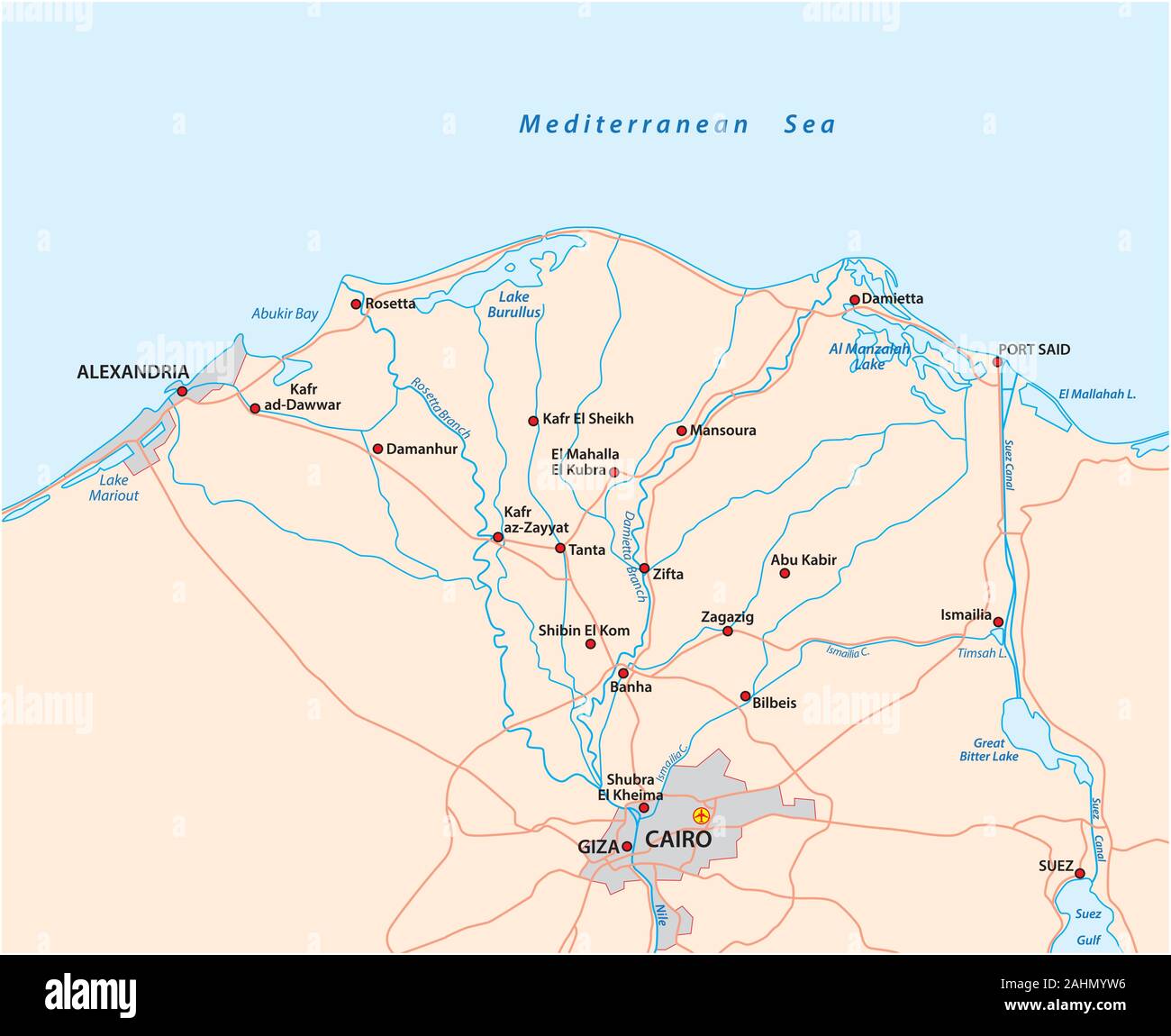 Carte de la delta du Nil, en haute Egypte Illustration de Vecteur