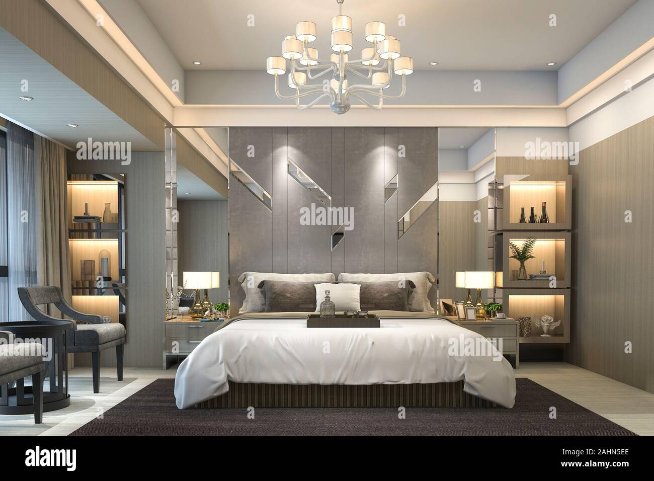 Le rendu 3D chambre à coucher moderne de luxe suite dans l'hôtel Photo  Stock - Alamy