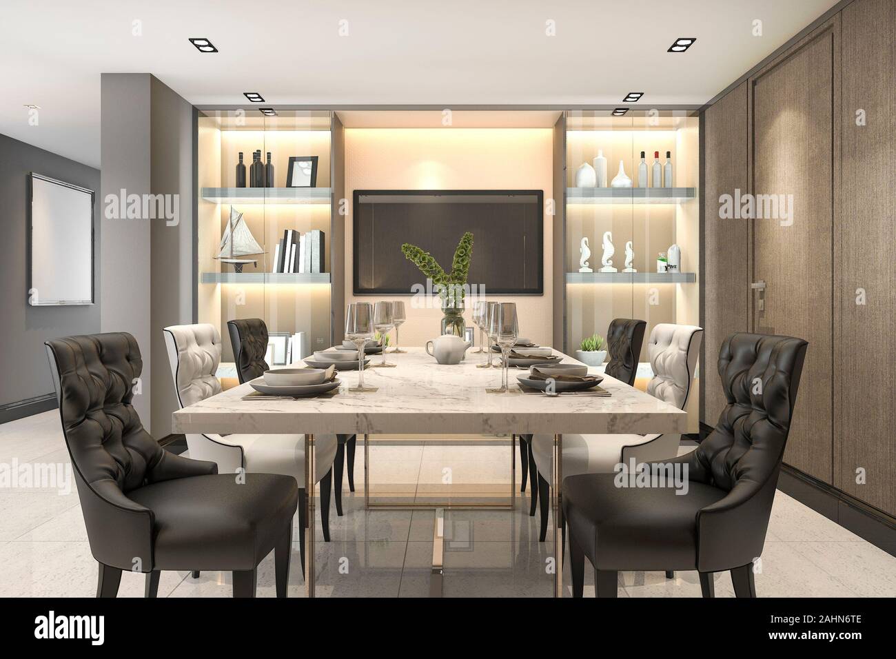 Le rendu 3d du luxe moderne ensemble salle à manger Salle à manger marron  Photo Stock - Alamy