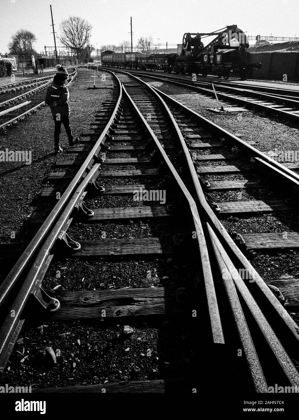 Noir et Blanc paysage abstrait de voies de chemin de fer, Didcot Railway Centre, Didcote, Oxfordshire, England, UK, FR. Banque D'Images