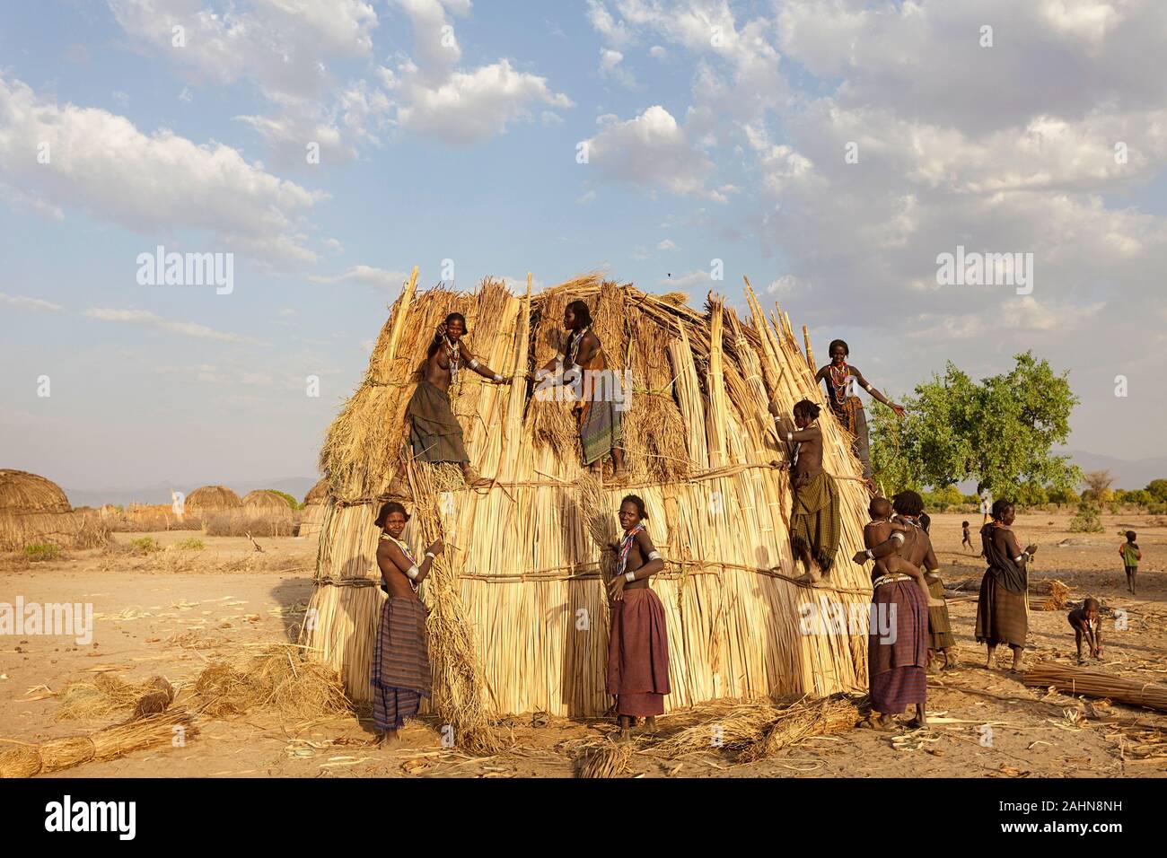 La femme arbore la construction d'une maison, vallée de l'Omo, Ethiopie Banque D'Images