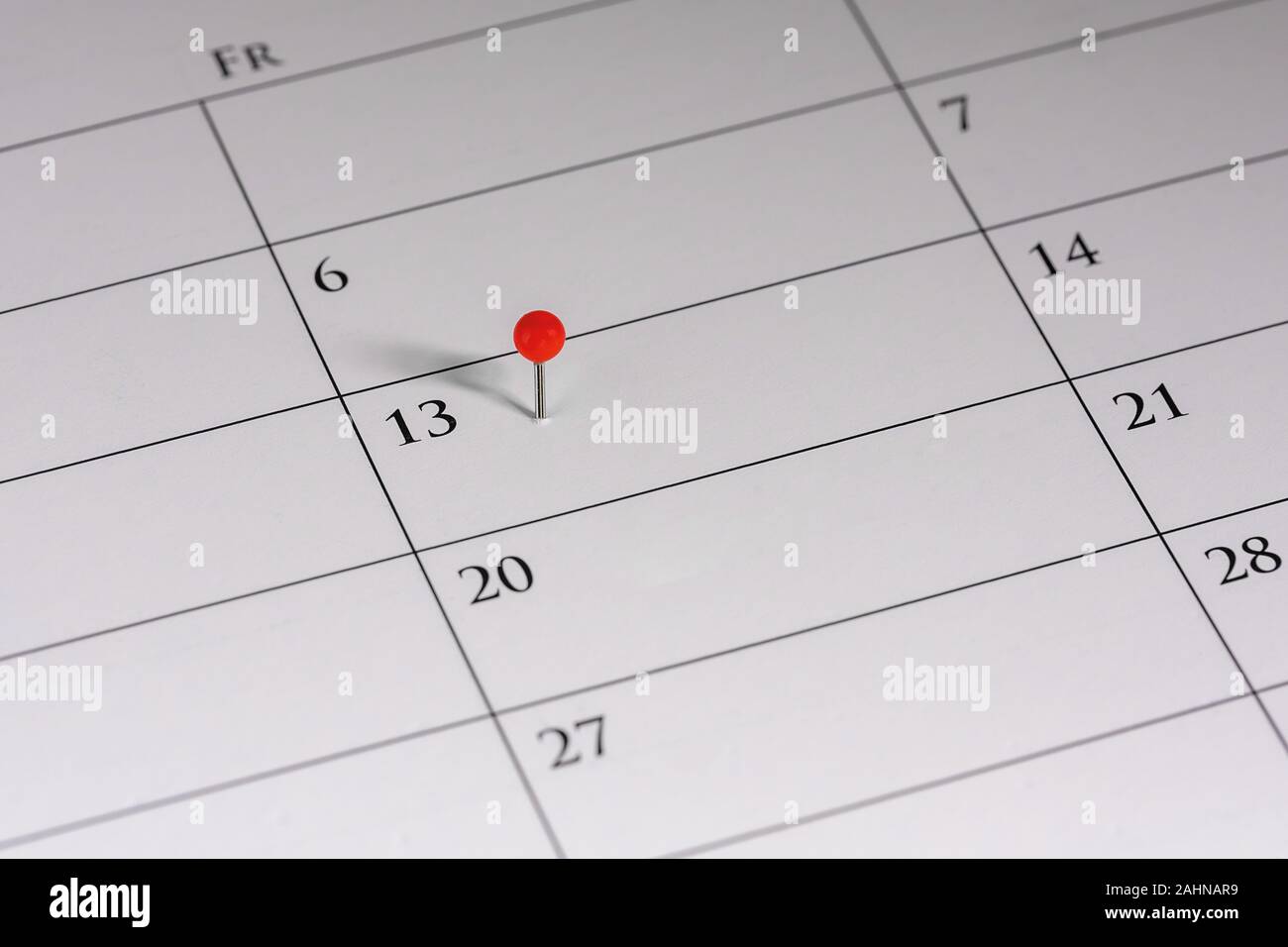 La superstition, la mauvaise chance le vendredi 13., un repère indique la date sur un calendrier Banque D'Images