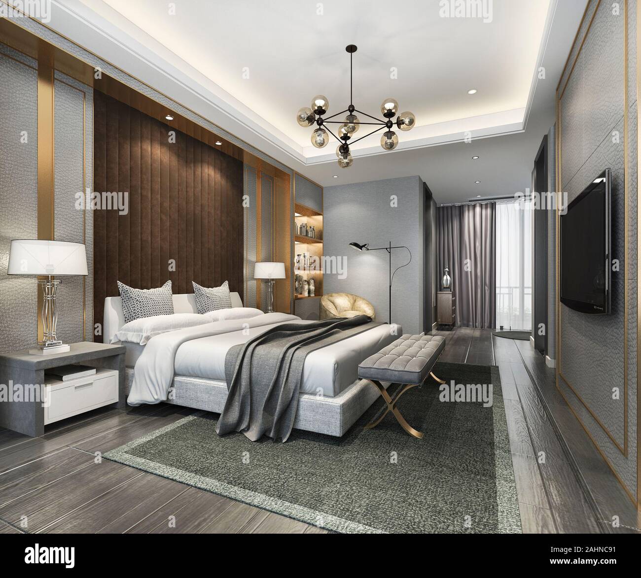 Le rendu 3D belle chambre de luxe suite dans l'hôtel avec tv et table de  travail Photo Stock - Alamy