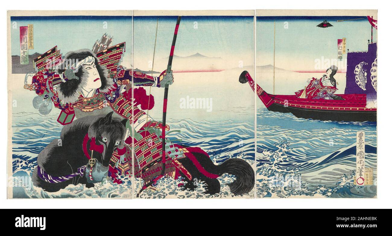 Toyohara Kunichika. Acteurs Ichikawa Danjuro IX comme Nasu no Yoichi Munetaka et Nakamura Fukusuke IV comme Tamamushi Gozen. 1885. Le Japon. Gravure sur bois en couleur ; triptyque oban Banque D'Images