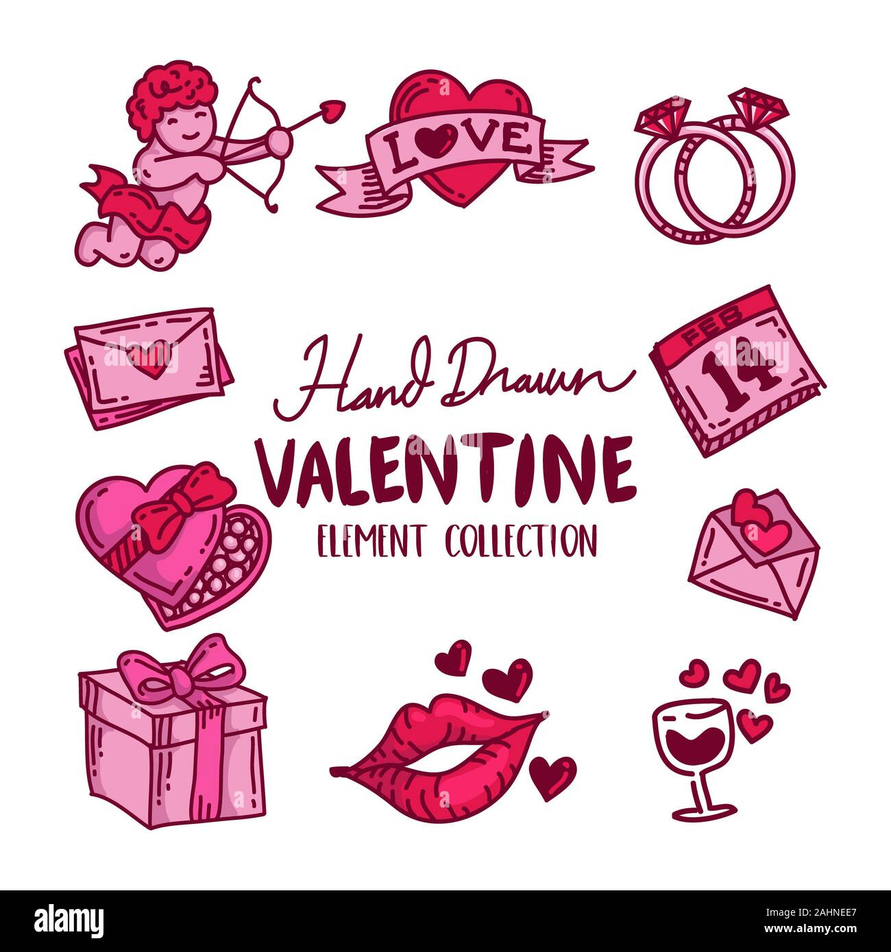 Hand Drawn Doodle Icon Collection Saint-Valentin Banque D'Images