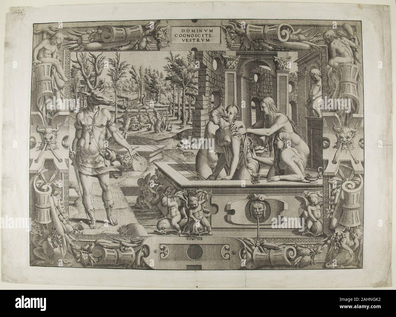 Jean Mignon. Diane et Actéon (la métamorphose de Acteon). 1544. Fontainebleau. Eau-forte en noir sur papier vergé ivoire sous le patronage de François Ier, le Palais Royal de Fontainebleau a été décoré avec des peintures et stucs maniéristes italiennes par les artistes. Un atelier d'impression a également été créé il y a à enregistrer et faire connaître les réalisations des maîtres travaillant au palais isolé. Jean Mignon a été l'un des principaux imprimeurs de l'école de Fontainebleau, ce splendide gravure, basé sur un dessin de Luca Penni, affiche l'élégance extrême et raffinée, atténué les chiffres de la F Banque D'Images