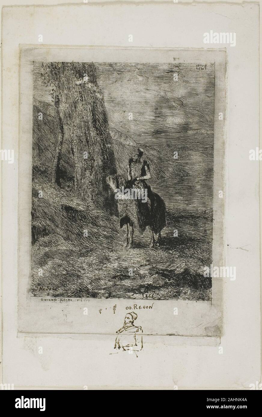 Odilon Redon. Horseman en attente. 1866. La France. Gravure sur papier gris clair Chine fixées sur papier vélin ivoire Banque D'Images