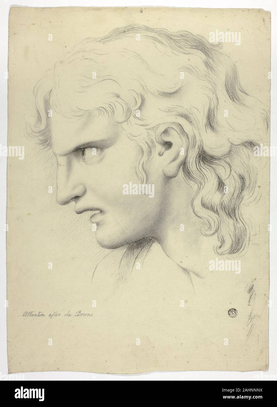 John Downman. L'attention. 1770-1824. L'Angleterre. Du charbon de bois avec dessouchage sur papier vergé crème Downman's dessins apparaissent dans la même direction que (et probablement reproduire) Jean Audran à grande échelle de 1727 gravures après Le Brun. Le texte d'accompagnement décrit l'expression d'attention c'est "Les effets de l'attention sont d'abaisser et de contrat des sourcils vers les côtés du nez, à leur tour les élèves vers l'objet qui cause (l'émotion), d'ouvrir la bouche, et surtout, la lèvre supérieure, pour abaisser la tête petite et de garder stable sans autres changements notables." Banque D'Images