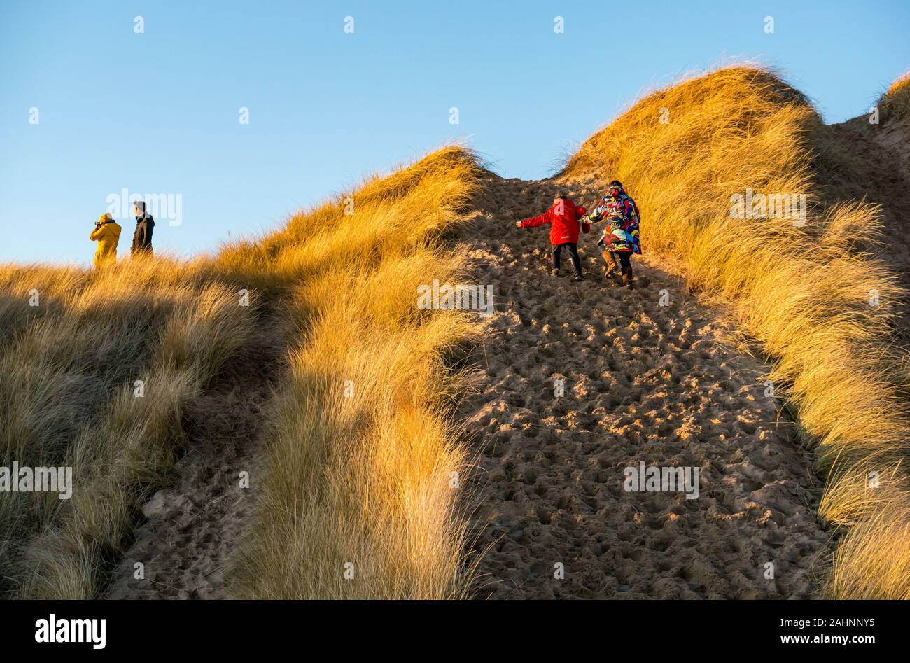 Aberlady Nature Reserve, East Lothian, Ecosse, Royaume-Uni, le 31 décembre 2019. Météo France : l'année tire à sa fin avec une belle journée ensoleillée mais très froid sur la côte de l'estuaire de la Forth à la veille du Nouvel An. Une mère et son fils portant des manteaux d'hiver lumineux exécuter d'une dune de sable raide Banque D'Images