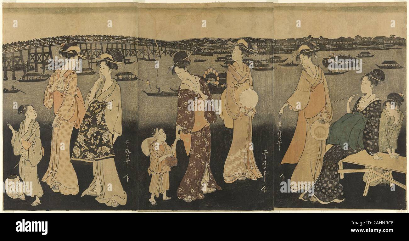 Kitagawa Utamaro. Les femmes à l'artifice de la rivière Sumida. 1790-1801. Le Japon. Gravure sur bois en couleur ; triptyque oban Banque D'Images