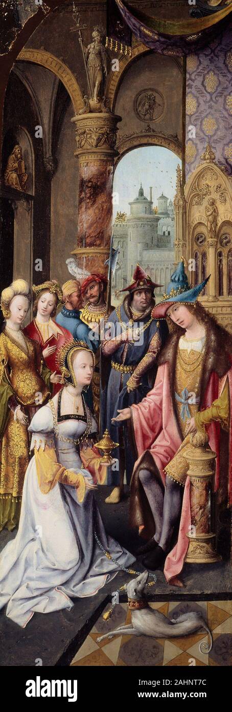 Maniéristes anversois. Le roi Salomon recevant la reine de Saba. 1515-1520. La Belgique. Huile sur panneau, transférée à discuter de ces deux scènes sont particulièrement beaux exemples du style décoratif pratiqué à Anvers par un groupe d'artistes anonymes en grande partie Mannerists maintenant surnommé Anvers. Les peintures orignally formé l'intérieur de l'aile d'un triptyque de pliage avec l'Adoration des Mages comme son centre. Les deux présentent des cadeaux d'être présentés à un roi sur son trône et aurait été compris comme Ancien Testament prefigurations de la présentation de l'ONU à Christ en tant que roi, le thème de la perte Banque D'Images