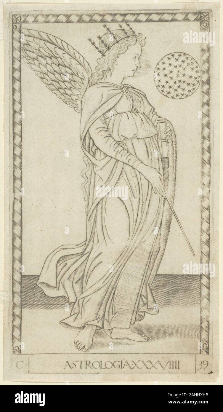Maître de l'E-Series Tarocchi. L'astrologie, de la plaque 29 Arts et Sciences. 1460-1470. L'Italie. Gravure en noir sur papier vergé ivoire le pont de cinquante soi-disant Tarocchi tarots ne sont pas dans le bon sens, la divination, ils n'étaient pas conçu comme un jeu de cartes. Pas de réduction des impressions monté pour jouer sont connus, et ils n'ont pas le nombre de costumes et un pont ordinaire. Au lieu de cela, ces allégories didactique délicatement gravé sont regroupés en cinq rangs numérotée décrivant le fonctionnement des sphères de l'homme, les muses, les arts libéraux, le cosmos, et les cieux par ordre croissant d'importance Banque D'Images