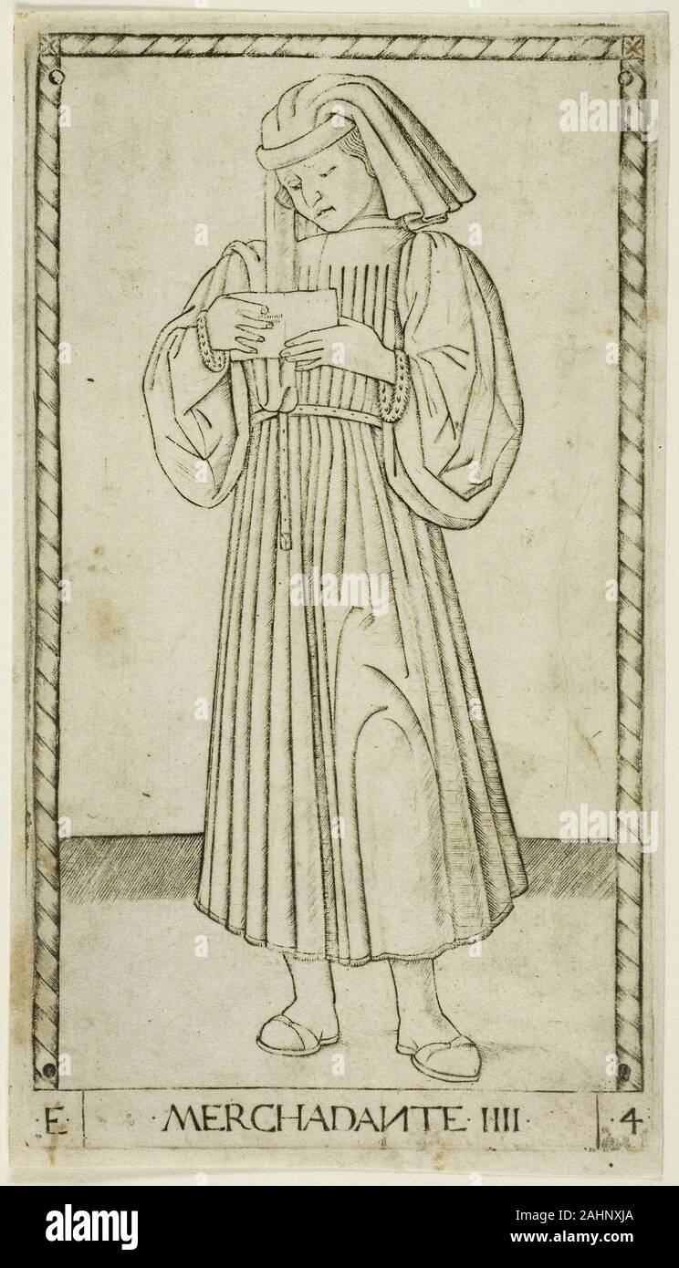 Maître de l'E-Series Tarocchi. Le marchand, plaque quatre des rangs et la situation des hommes. 1460-1470. L'Italie. Gravure sur papier le pont de cinquante soi-disant Tarocchi tarots ne sont pas dans le bon sens, la divination, ils n'étaient pas conçu comme un jeu de cartes. Pas de réduction des impressions monté pour jouer sont connus, et ils n'ont pas le nombre de costumes et un pont ordinaire. Au lieu de cela, ces allégories didactique délicatement gravé sont regroupés en cinq rangs numérotée décrivant le fonctionnement des sphères de l'homme, les muses, les arts libéraux, le cosmos, et les cieux par ordre croissant d'importance, Banque D'Images